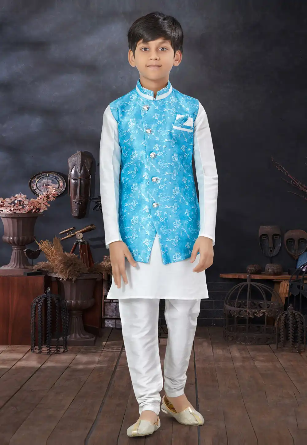 White Silk Kids Kurta Pajama With Jacket 279088
