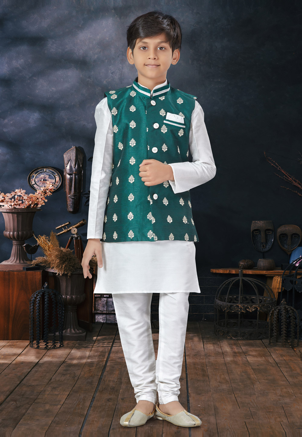 White Silk Kids Kurta Pajama With Jacket 279089