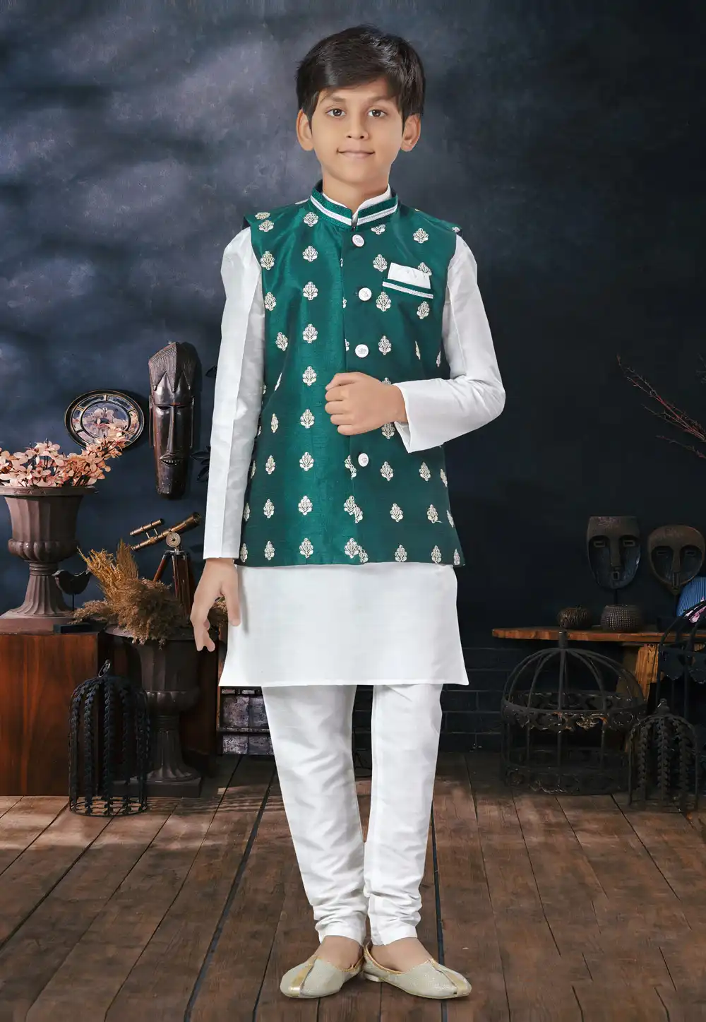 White Silk Kids Kurta Pajama With Jacket 279089