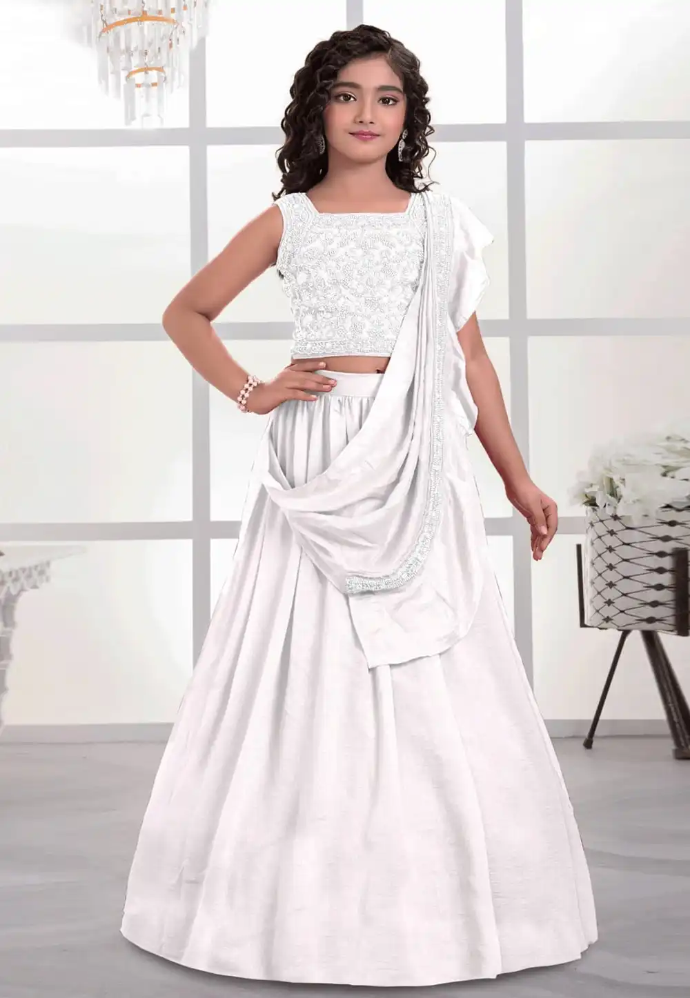 White Silk Kids Lehenga Choli 325193