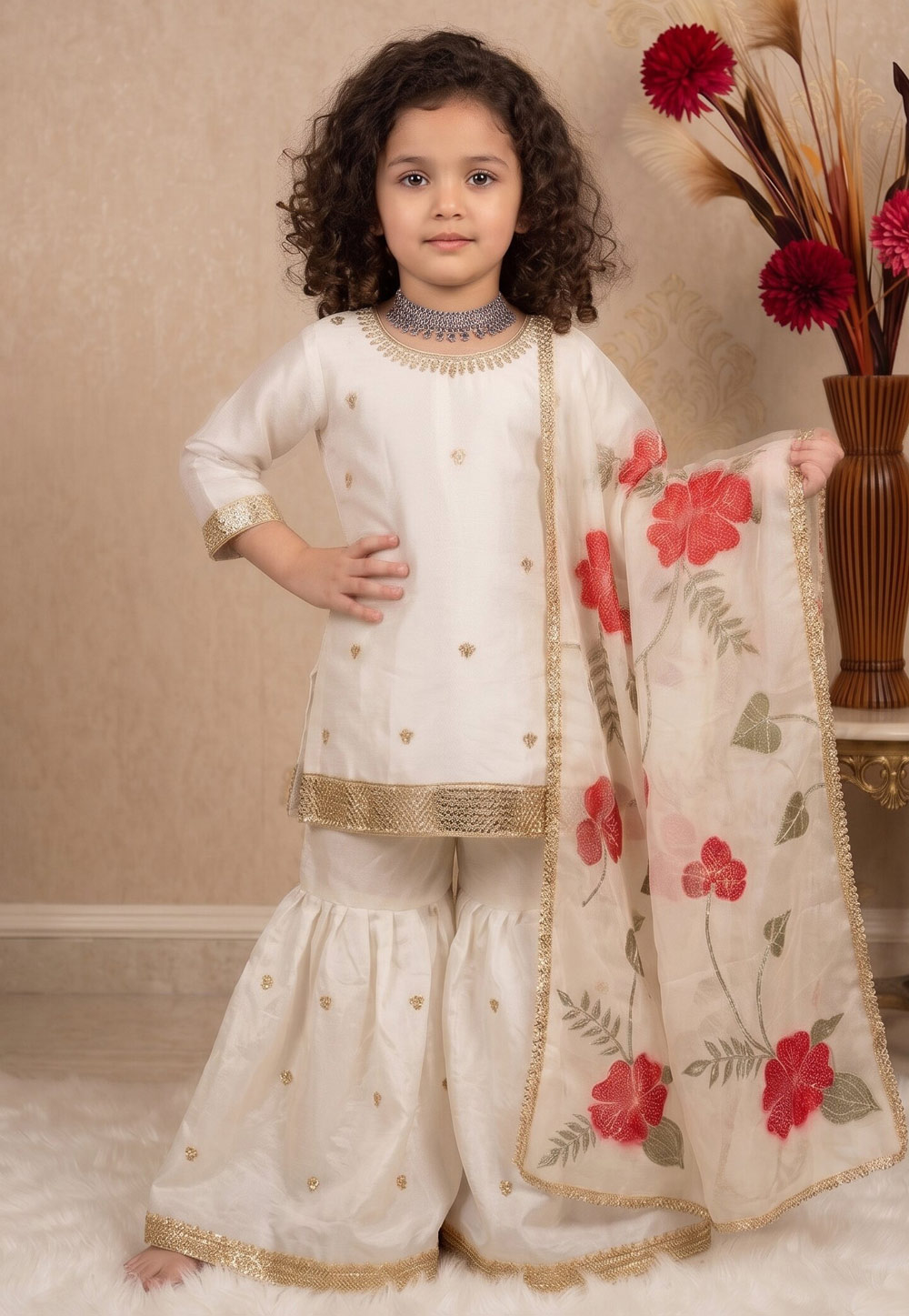 White Silk Kids Sharara Suit 329474