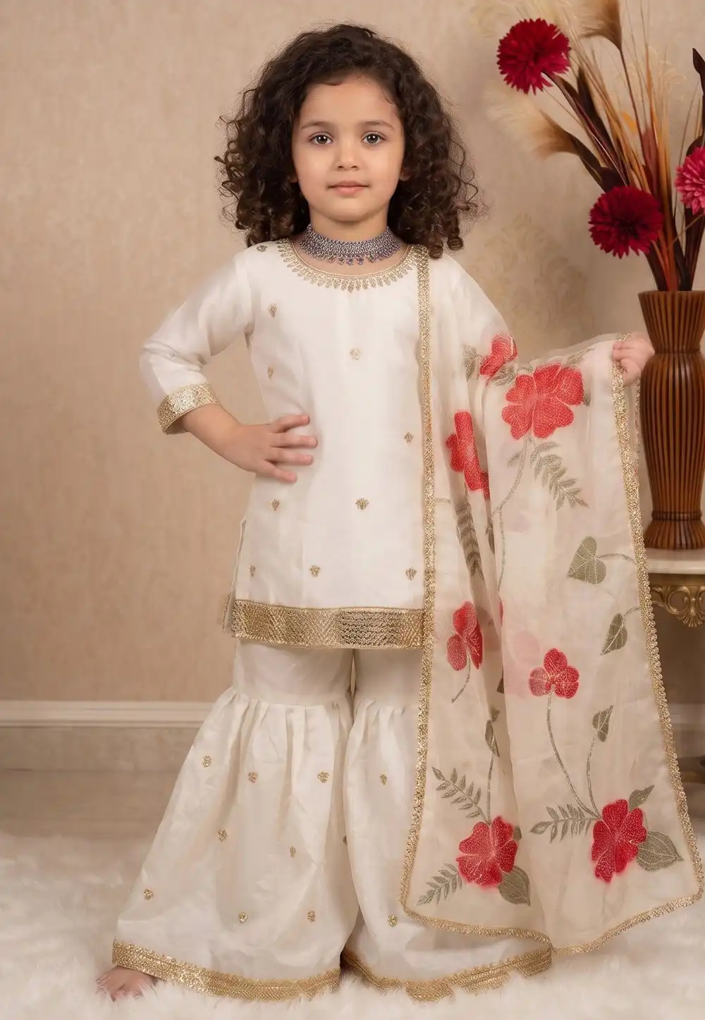 White Silk Kids Sharara Suit 329474