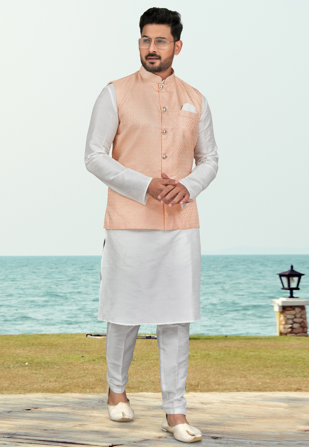 White Silk Kurta Pajama With Jacket 279722