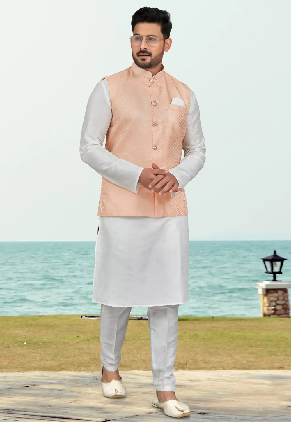 White Silk Kurta Pajama With Jacket 279722