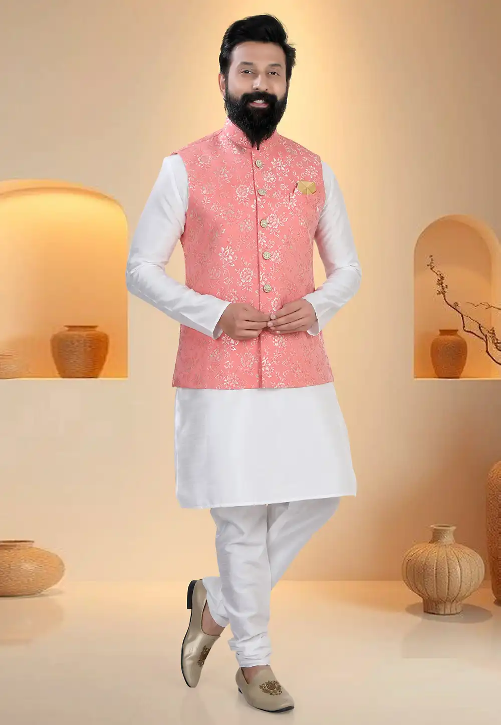 White Silk Kurta Pajama With Jacket 321247