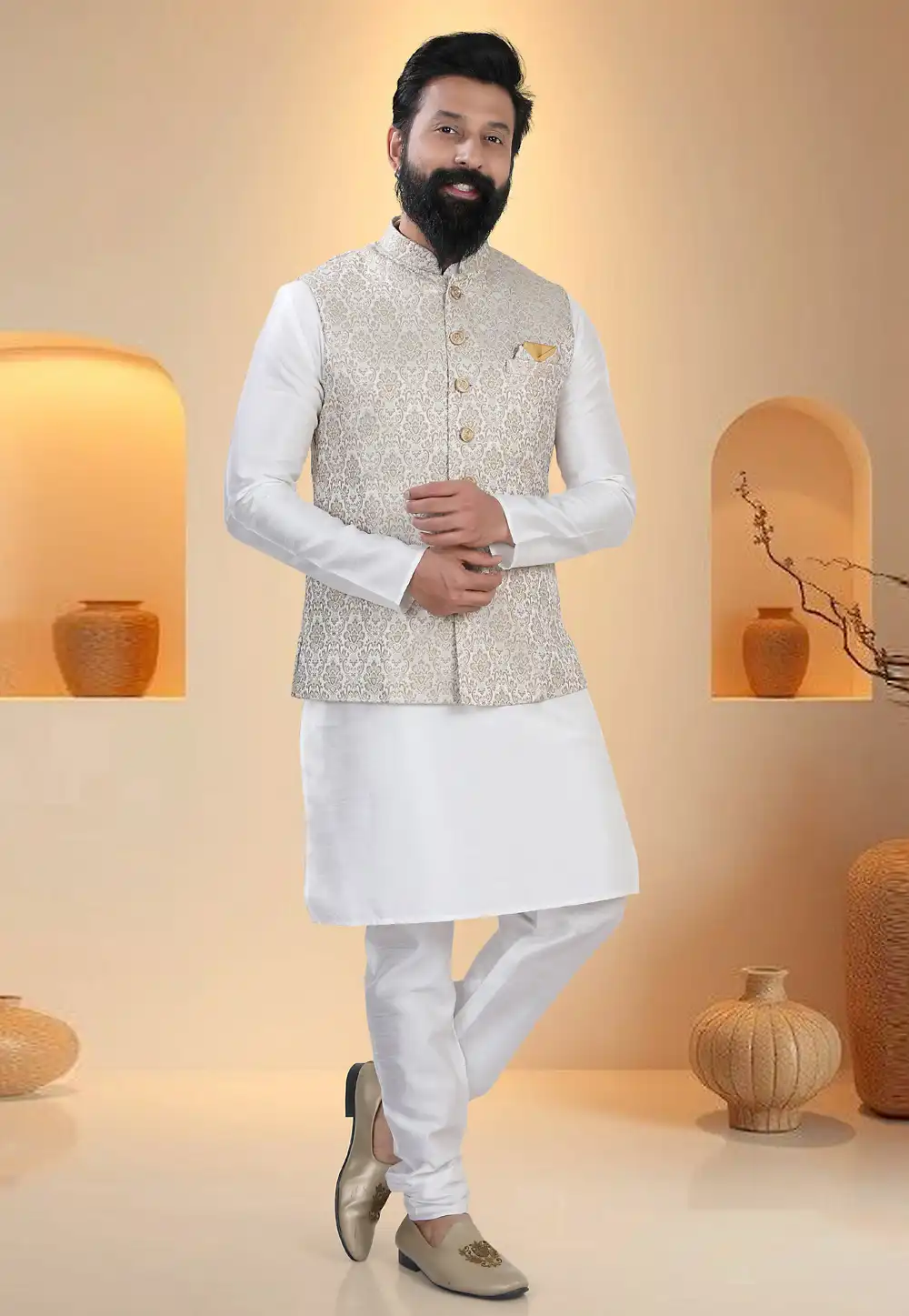White Silk Kurta Pajama With Jacket 321248