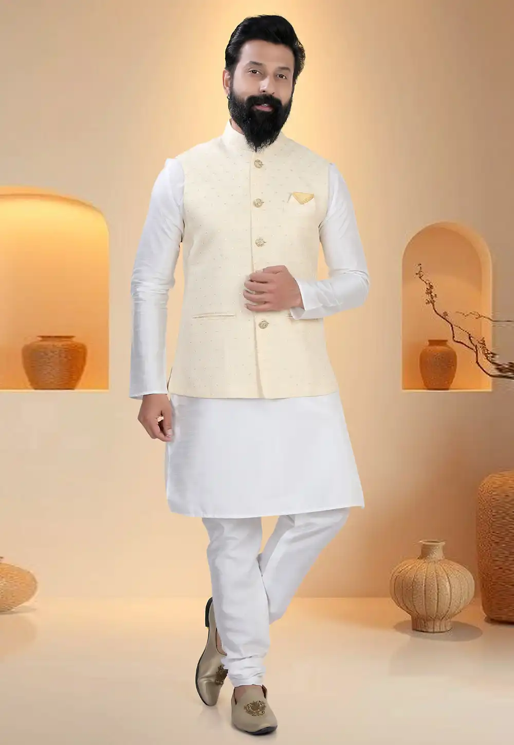 White Silk Kurta Pajama With Jacket 321249