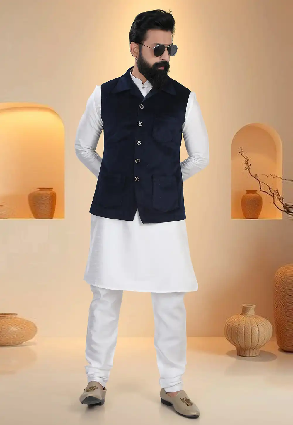 White Silk Kurta Pajama With Jacket 321256