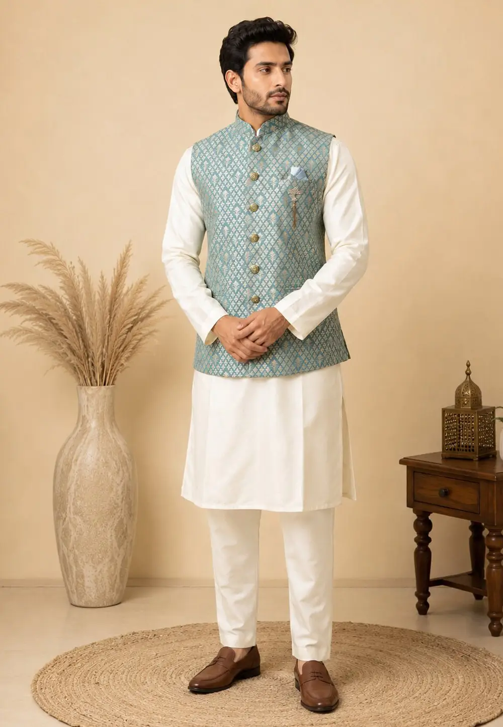 White Silk Kurta Pajama With Jacket 333252