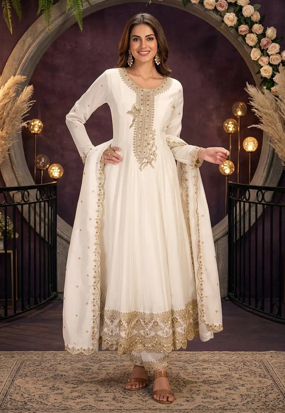 White Silk Readymade Anarkali Suit 333581