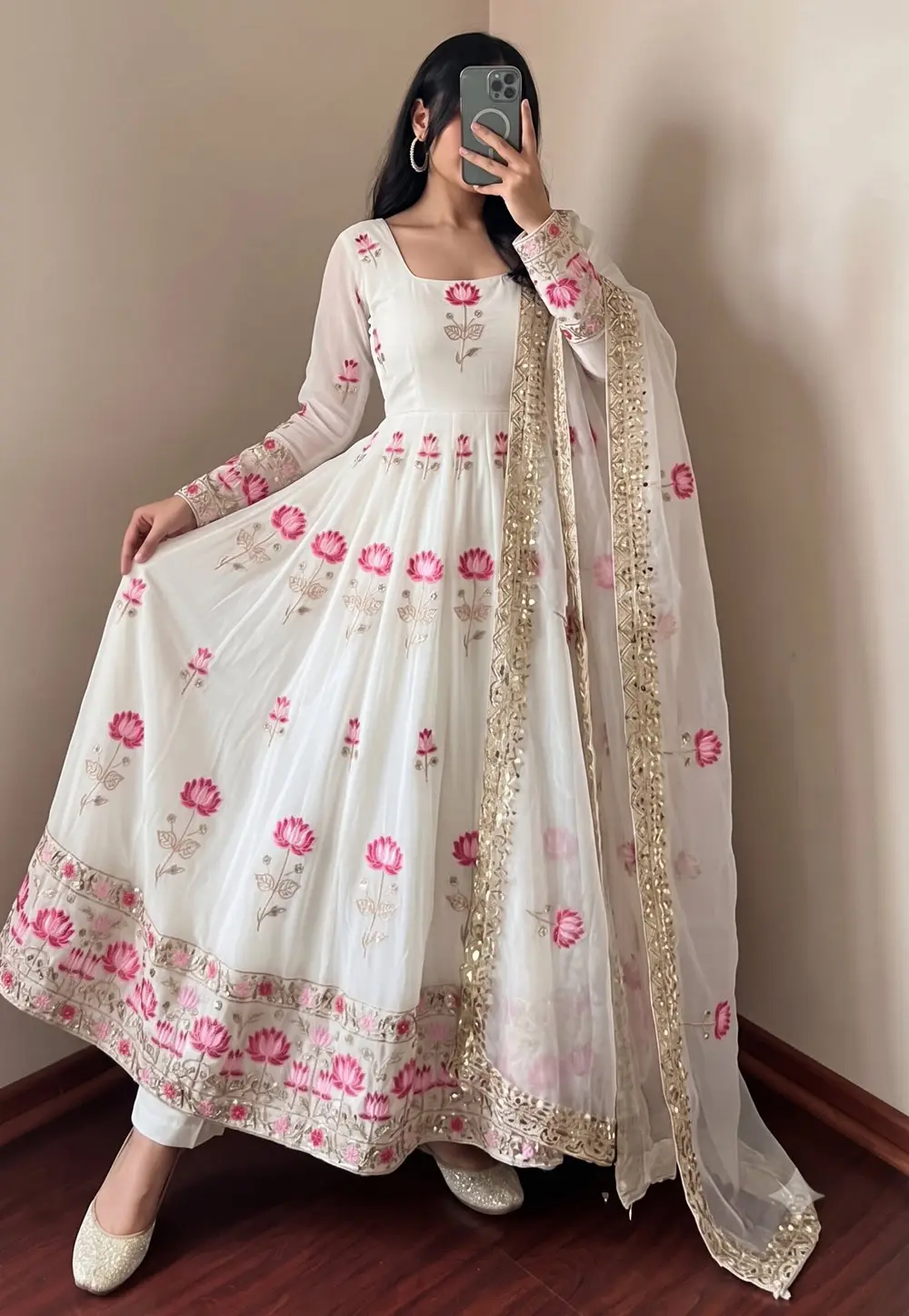 White Silk Readymade Anarkali Suit 336240