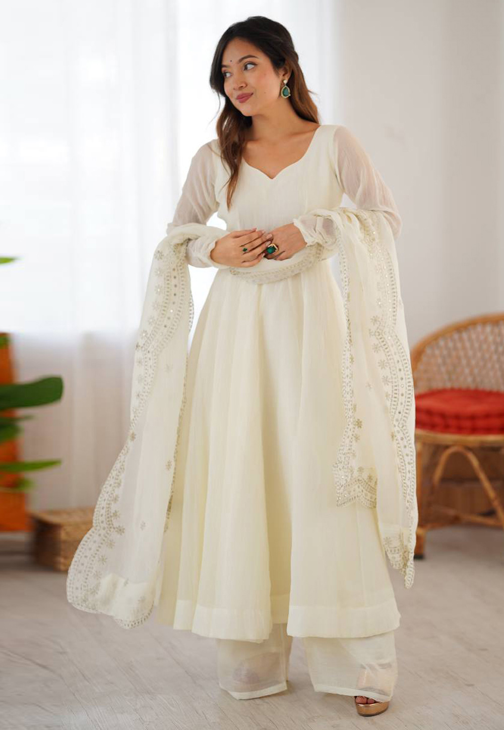 White Silk Readymade Anarkali Suit 320555