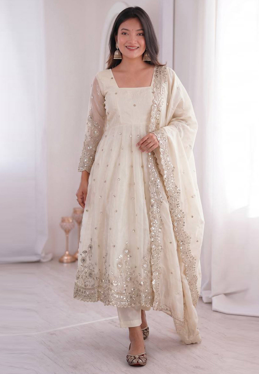 White Silk Readymade Anarkali Suit 329665