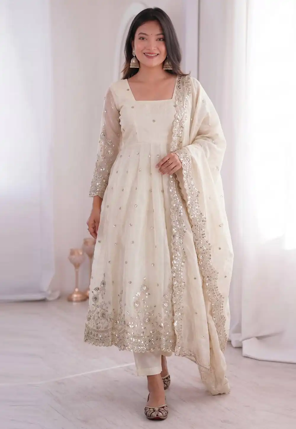 White Silk Readymade Anarkali Suit 329665