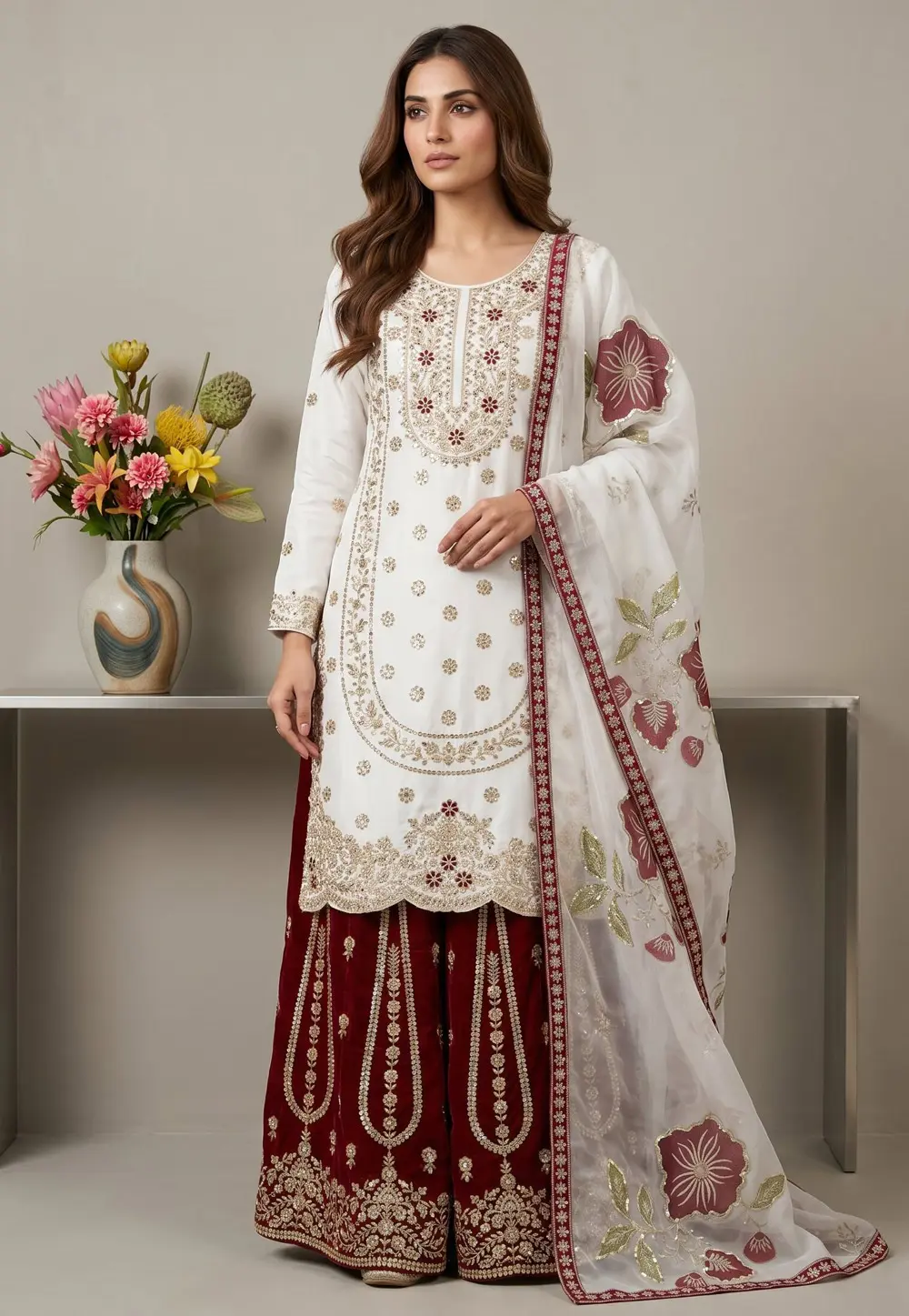 White Silk Readymade Gharara Suit 331982