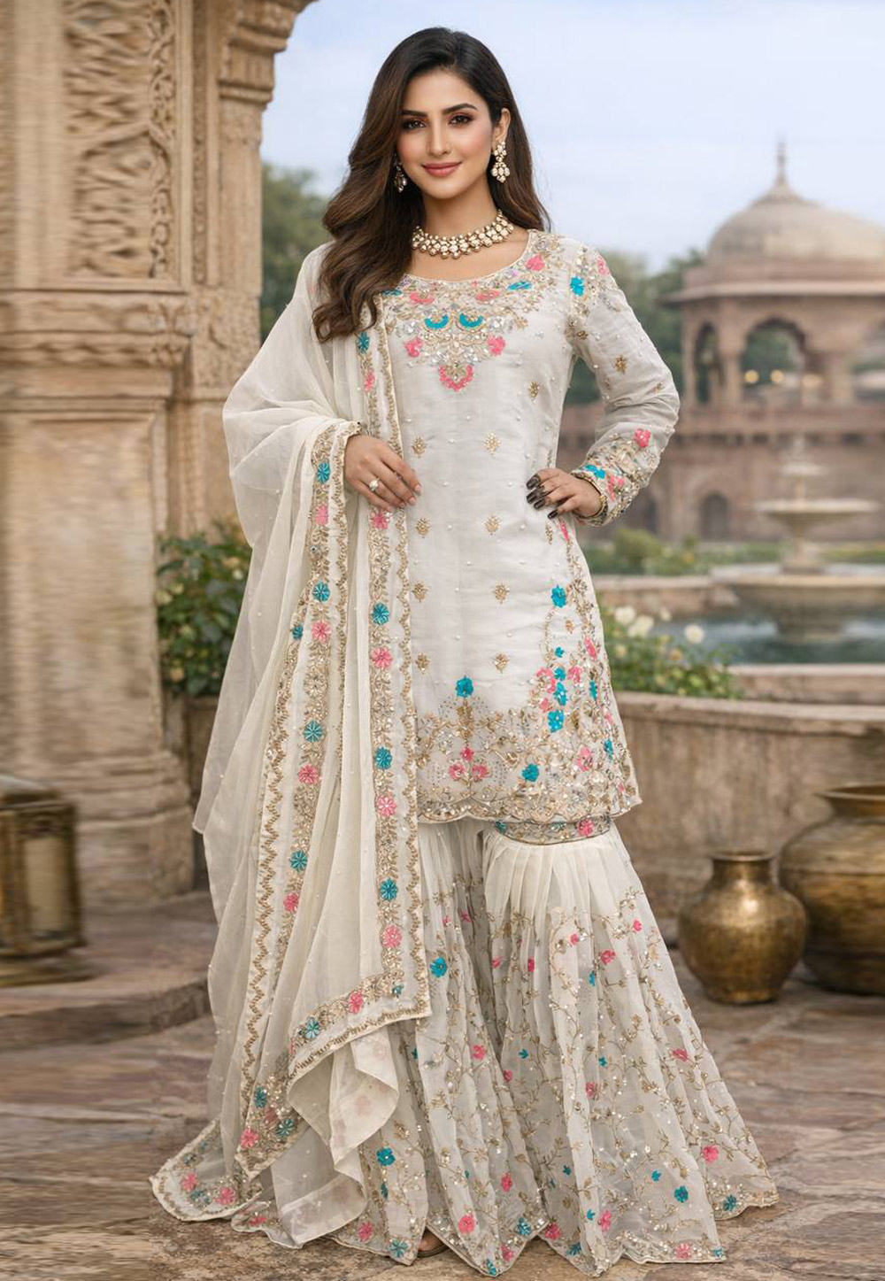 White Silk Readymade Gharara Suit 321603