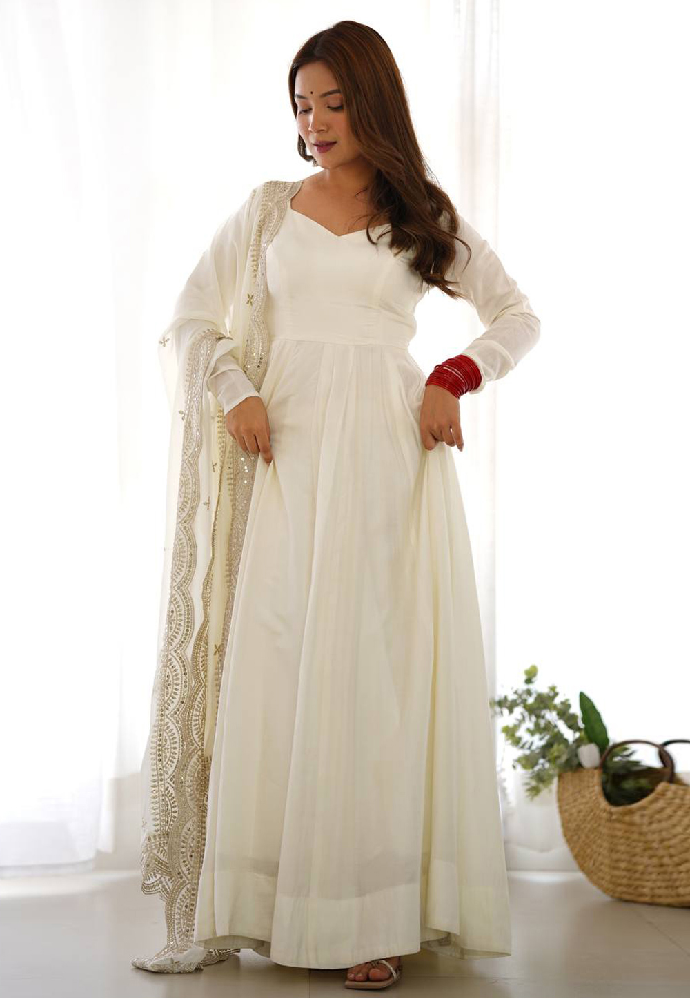 White Silk Readymade Long Anarkali Suit 323767