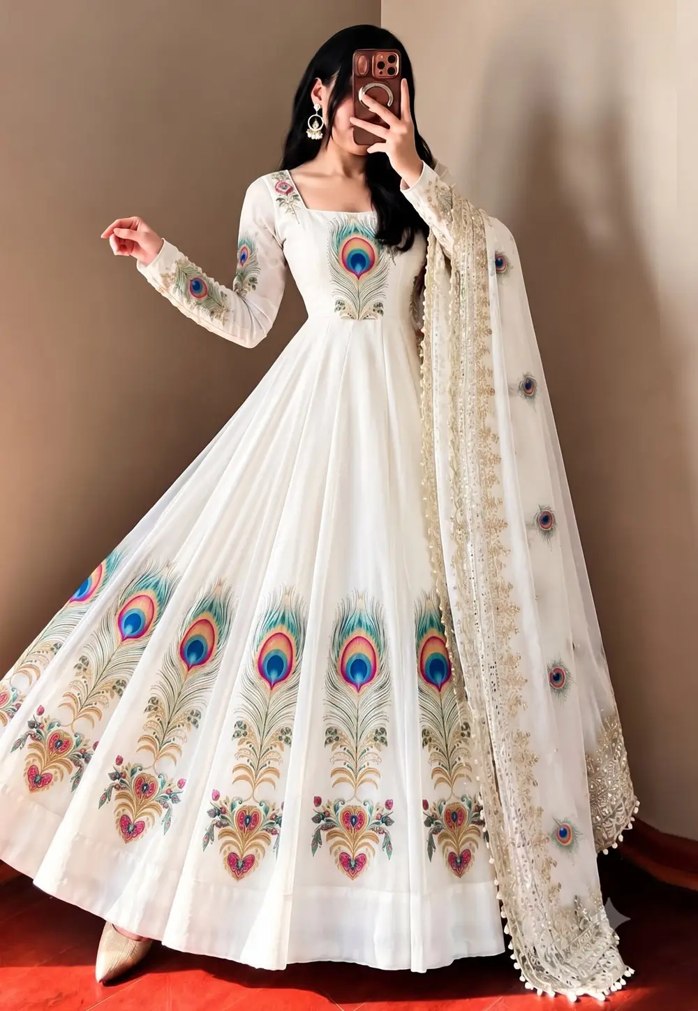 White Silk Readymade Long Anarkali Suit 336271