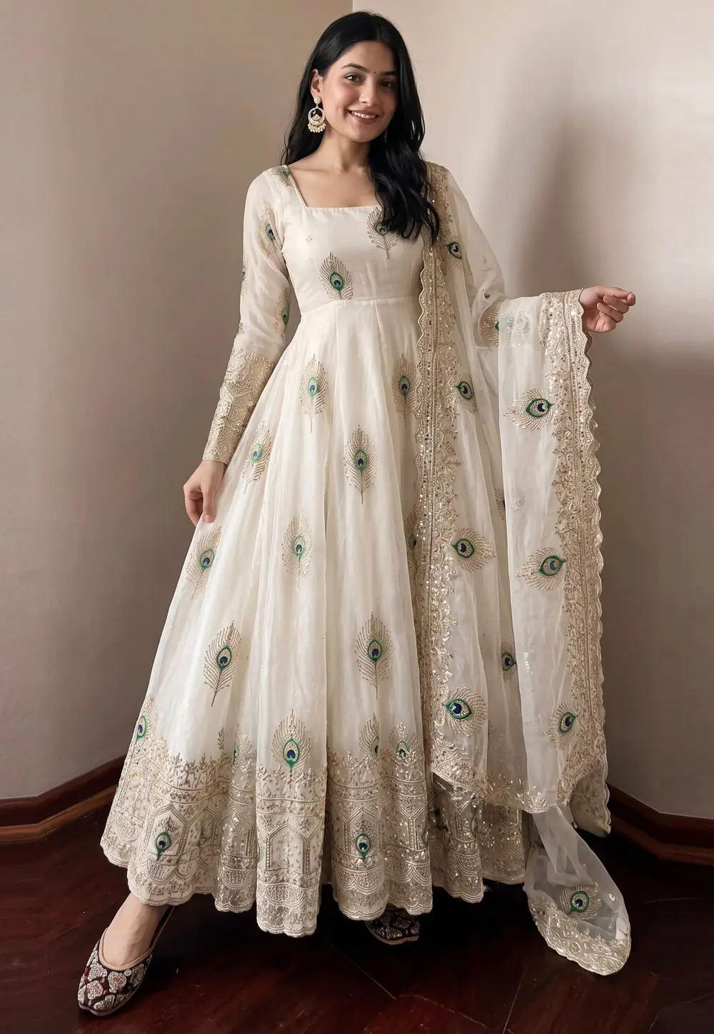 White Silk Readymade Long Anarkali Suit 335188