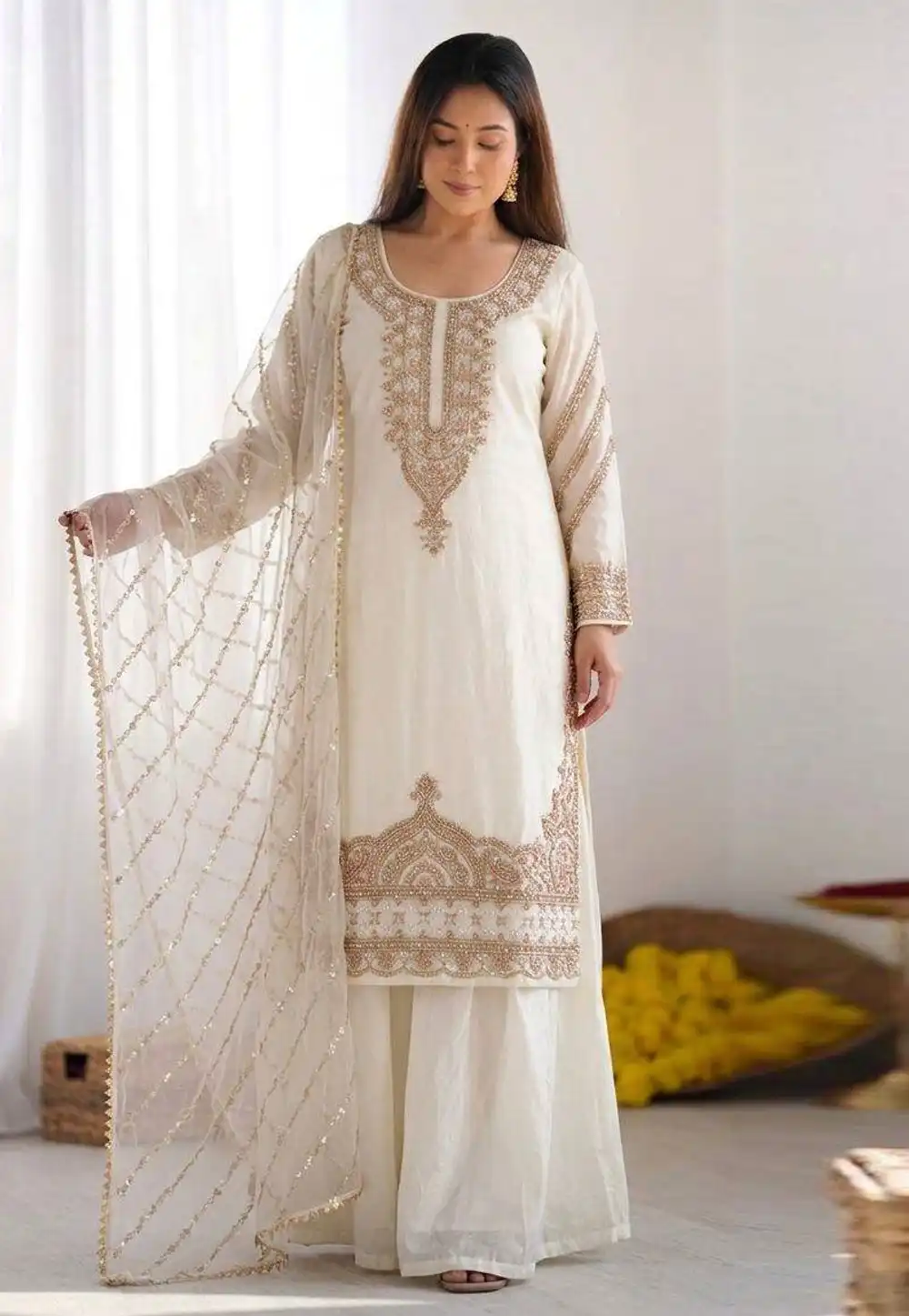 White Silk Readymade Pakistani Suit 328589