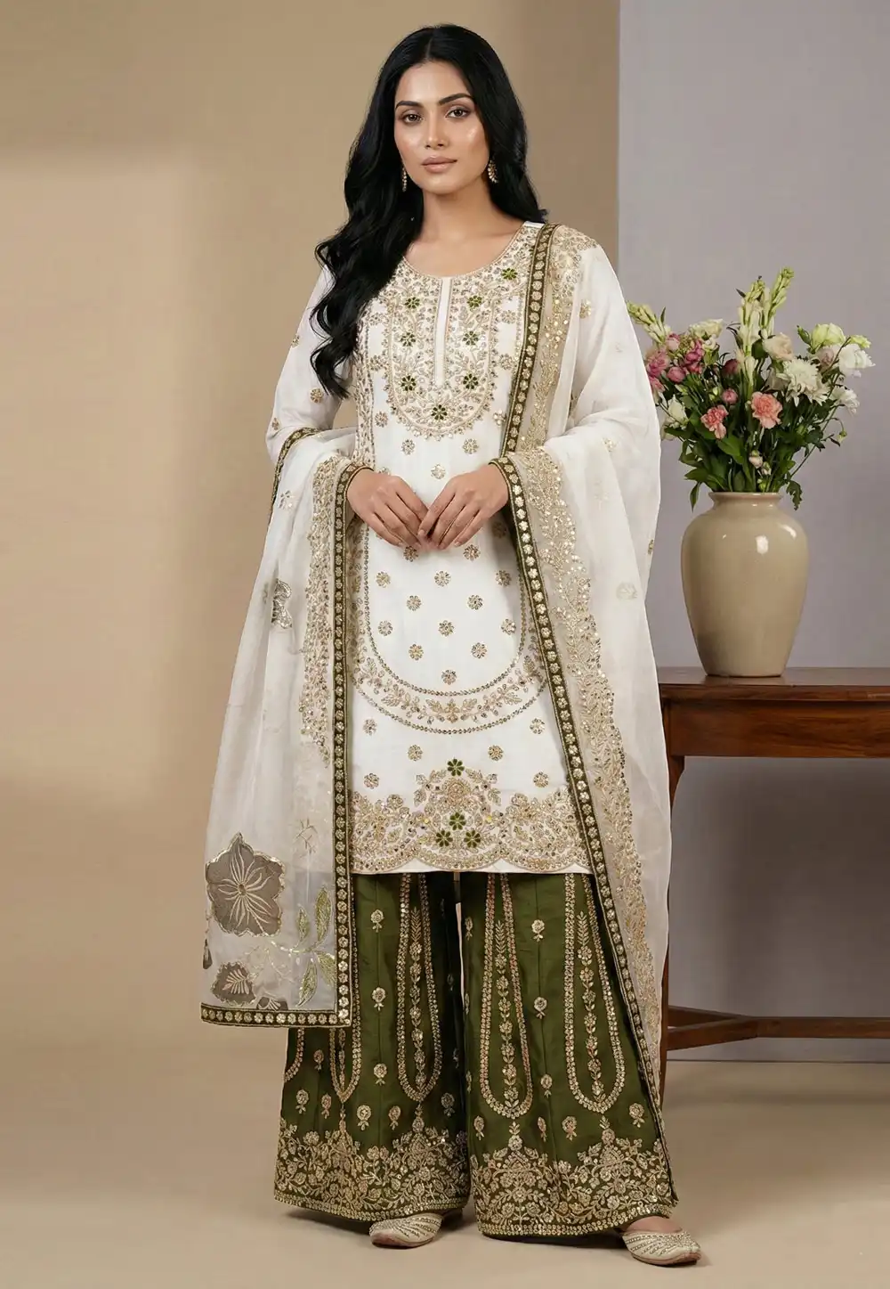 White Silk Readymade Palazzo Suit 324788