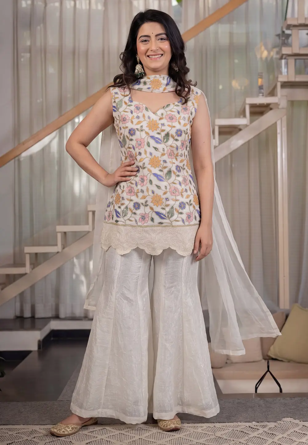 White Silk Readymade Palazzo Suit 336334