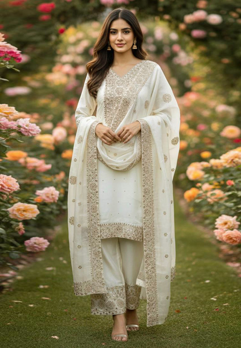 Off White Silk Readymade Palazzo Suit 324884