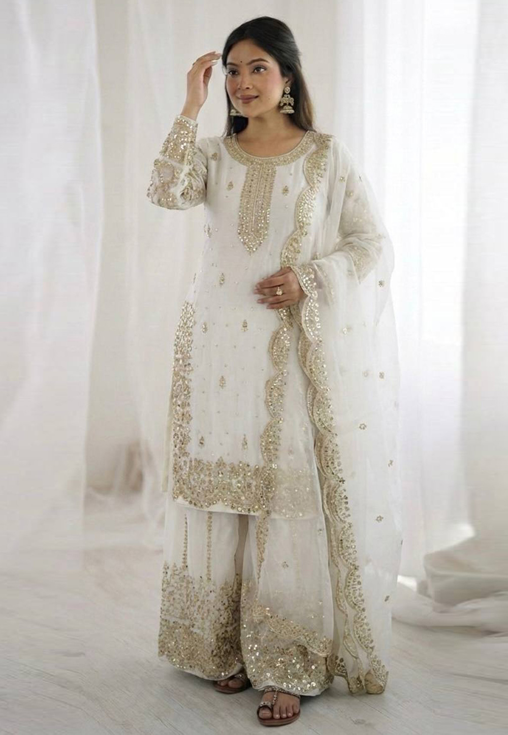 White Silk Readymade Palazzo Suit 325956