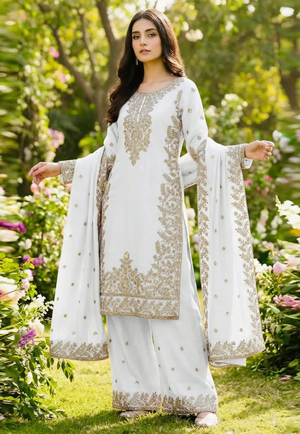 White Silk Readymade Palazzo Suit 324527