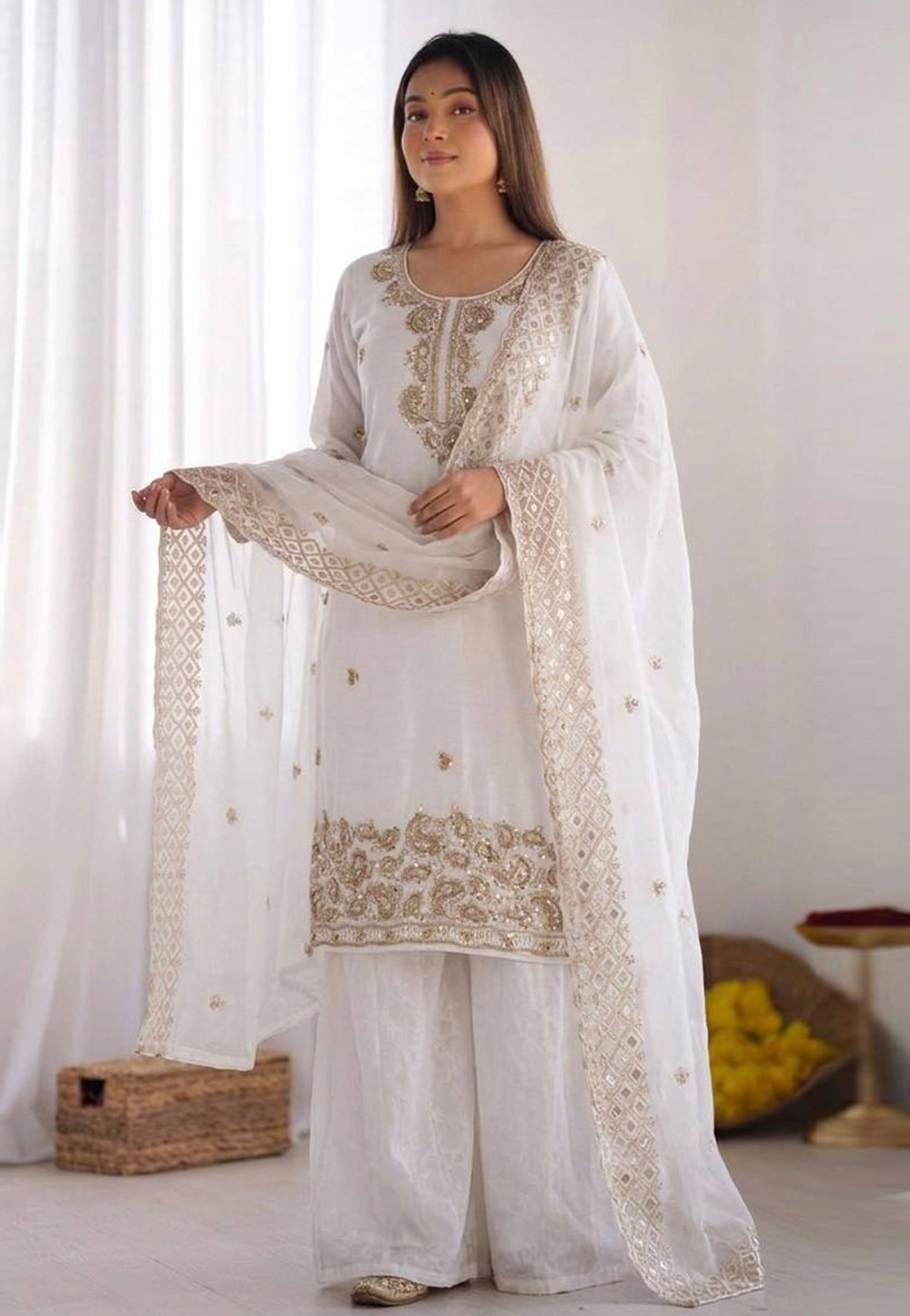 White Silk Readymade Palazzo Suit 329691