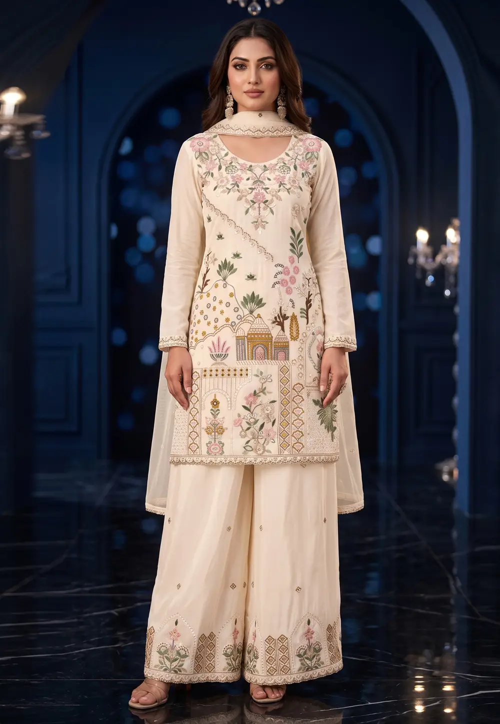 White Silk Readymade Palazzo Suit 333796