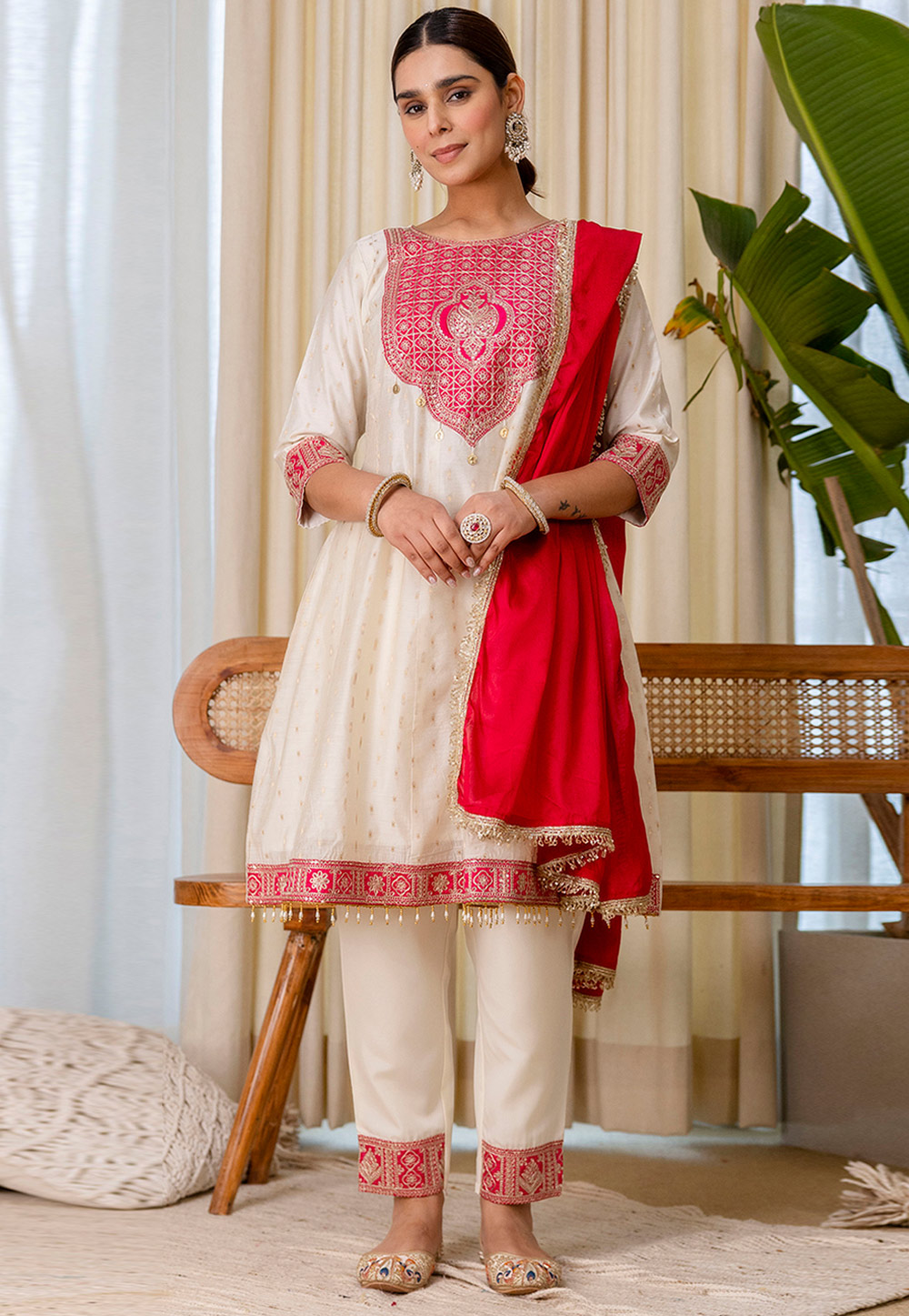 White Silk Readymade Pant Style Suit 325007