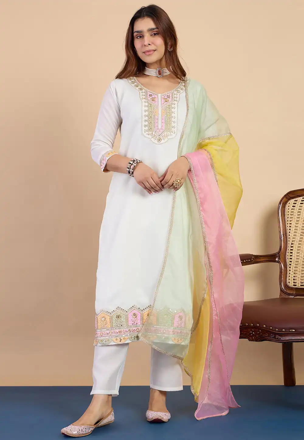White Silk Readymade Pant Style Suit 329577