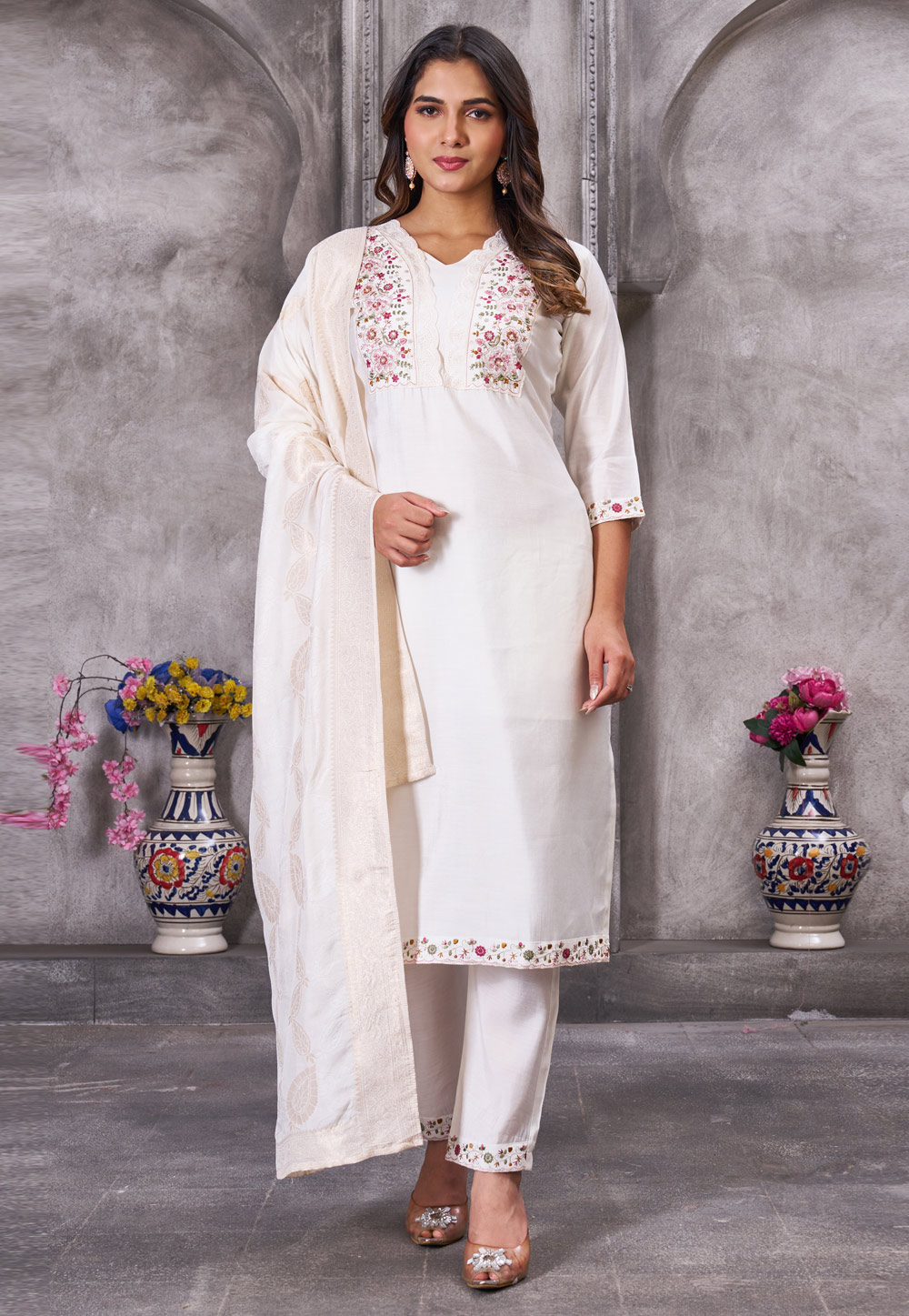 White Silk Readymade Pant Style Suit 321414