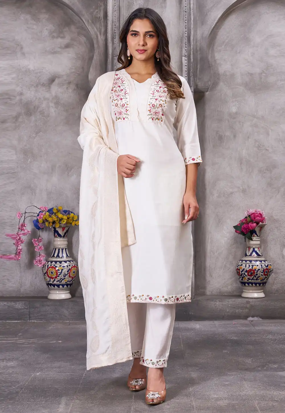 White Silk Readymade Pant Style Suit 321414
