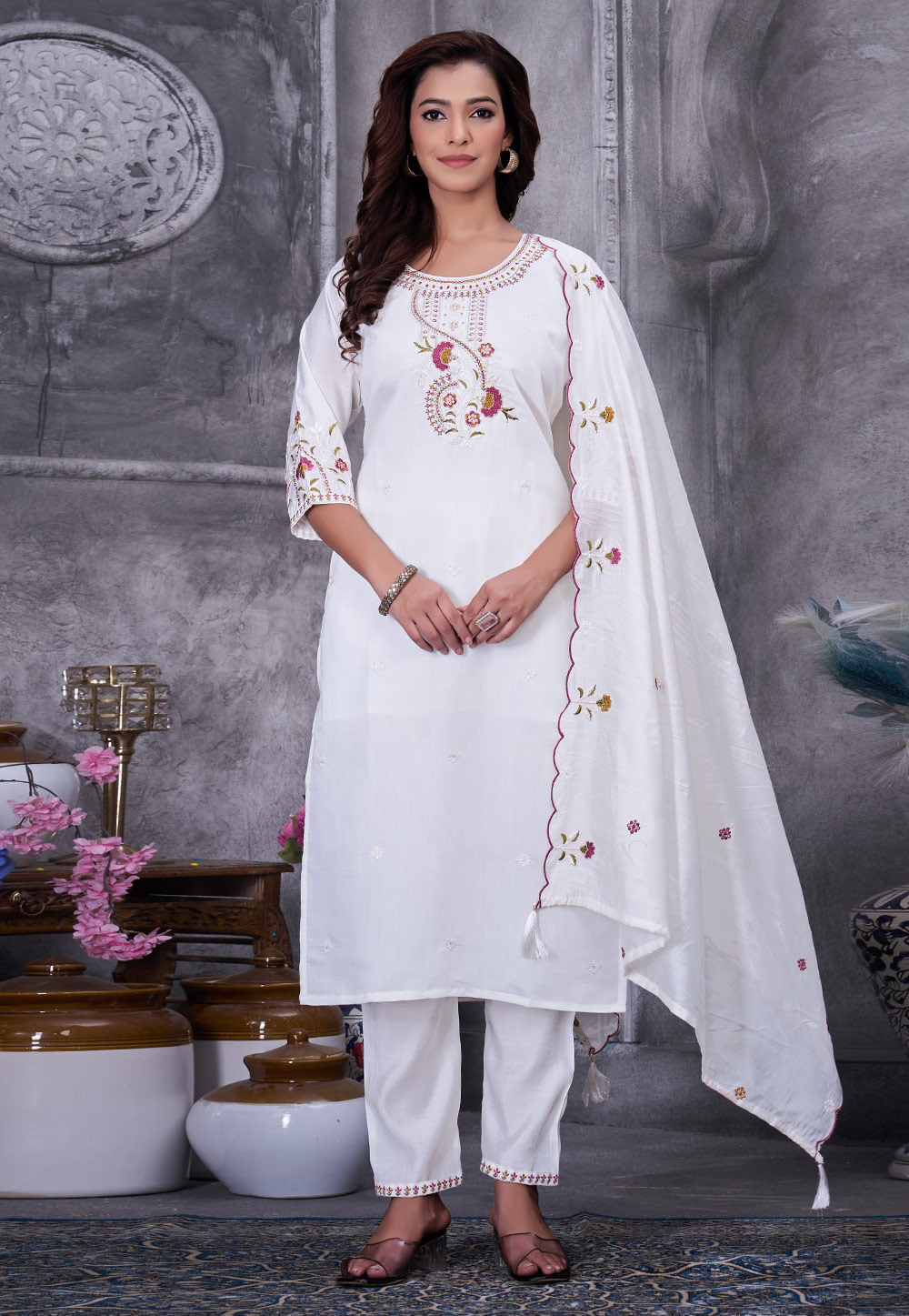 White Silk Readymade Pant Style Suit 329069