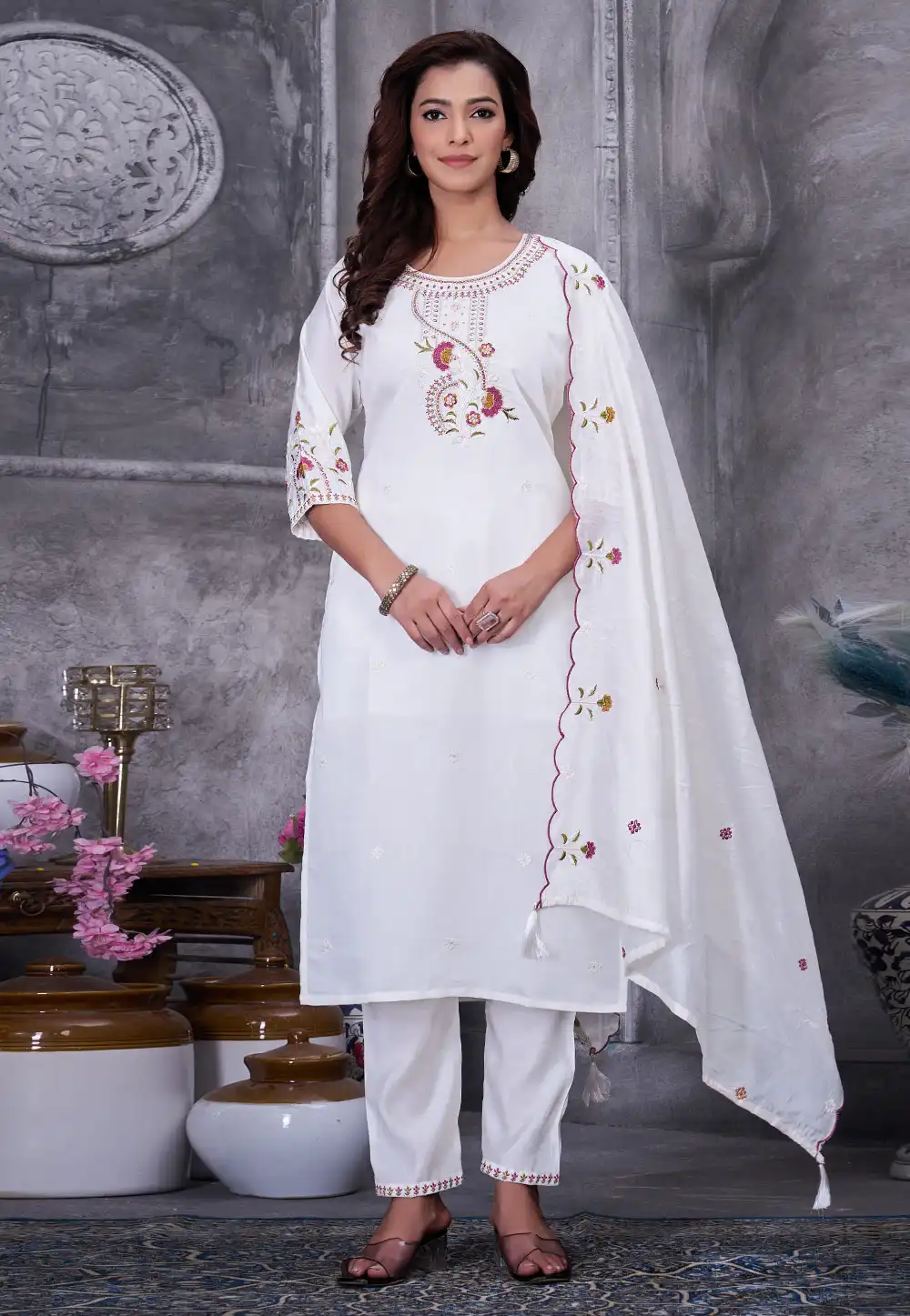 White Silk Readymade Pant Style Suit 329069