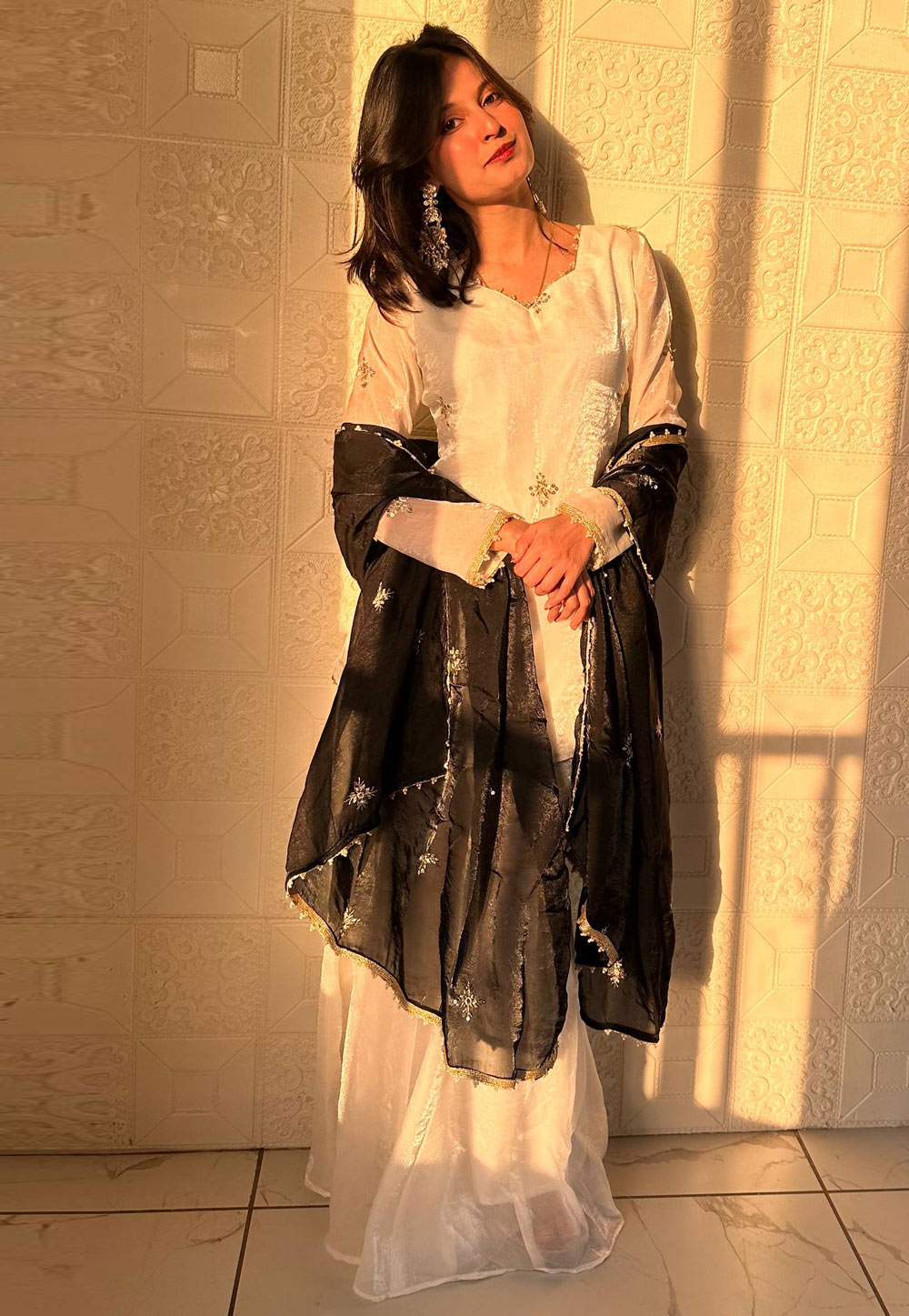 White Silk Readymade Sharara Suit 328968