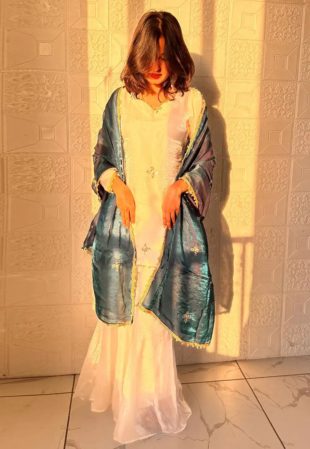 White Silk Readymade Sharara Suit 328970