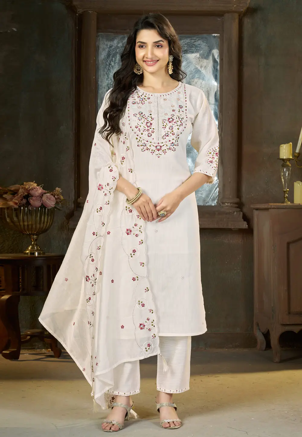 White Silk Readymade Straight Suit 335030