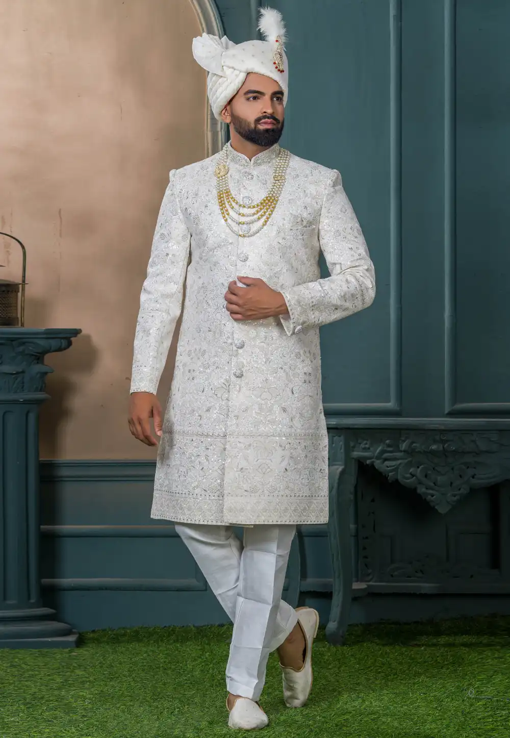 White Silk Sherwani 315296