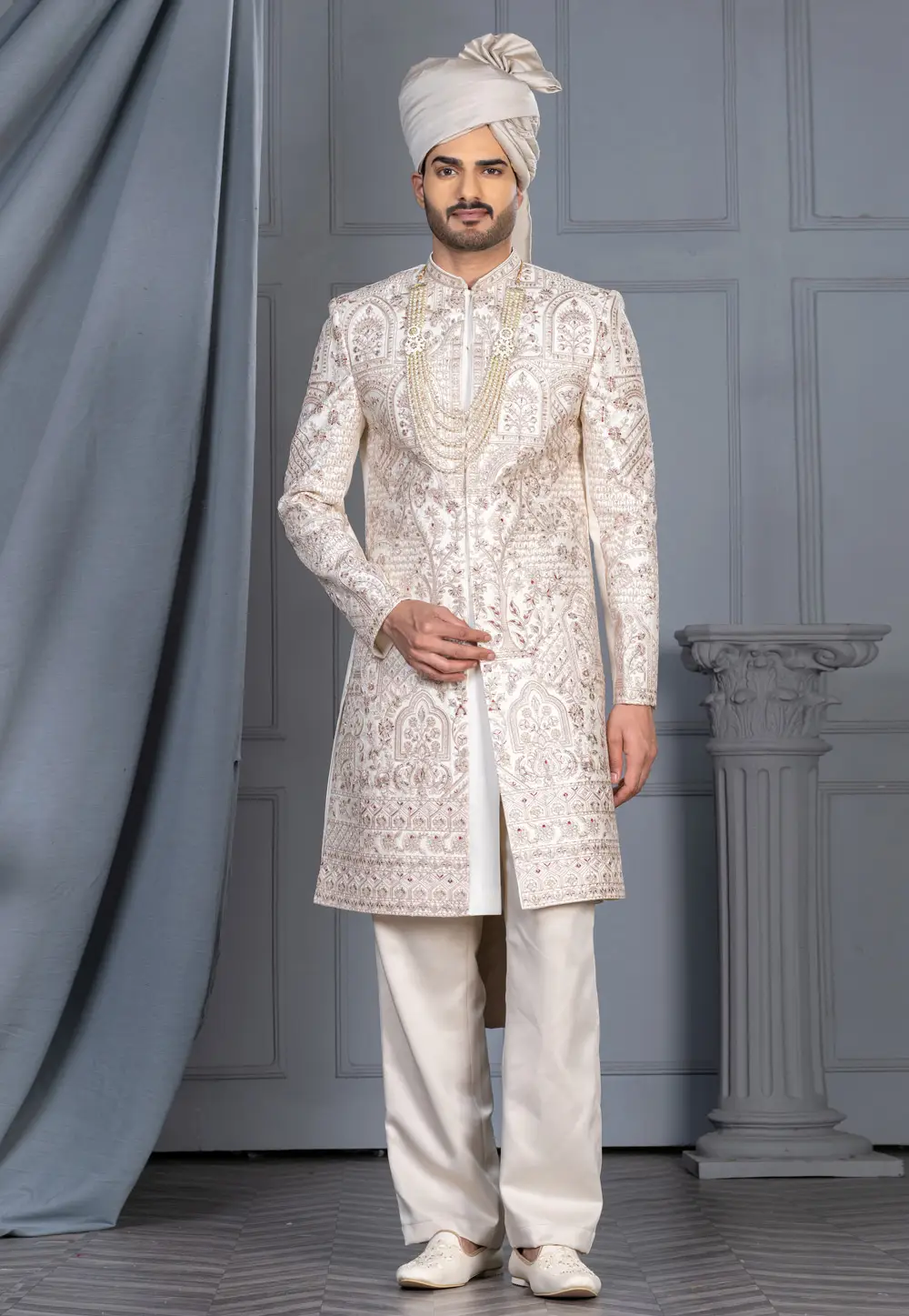 White Silk Sherwani 336557