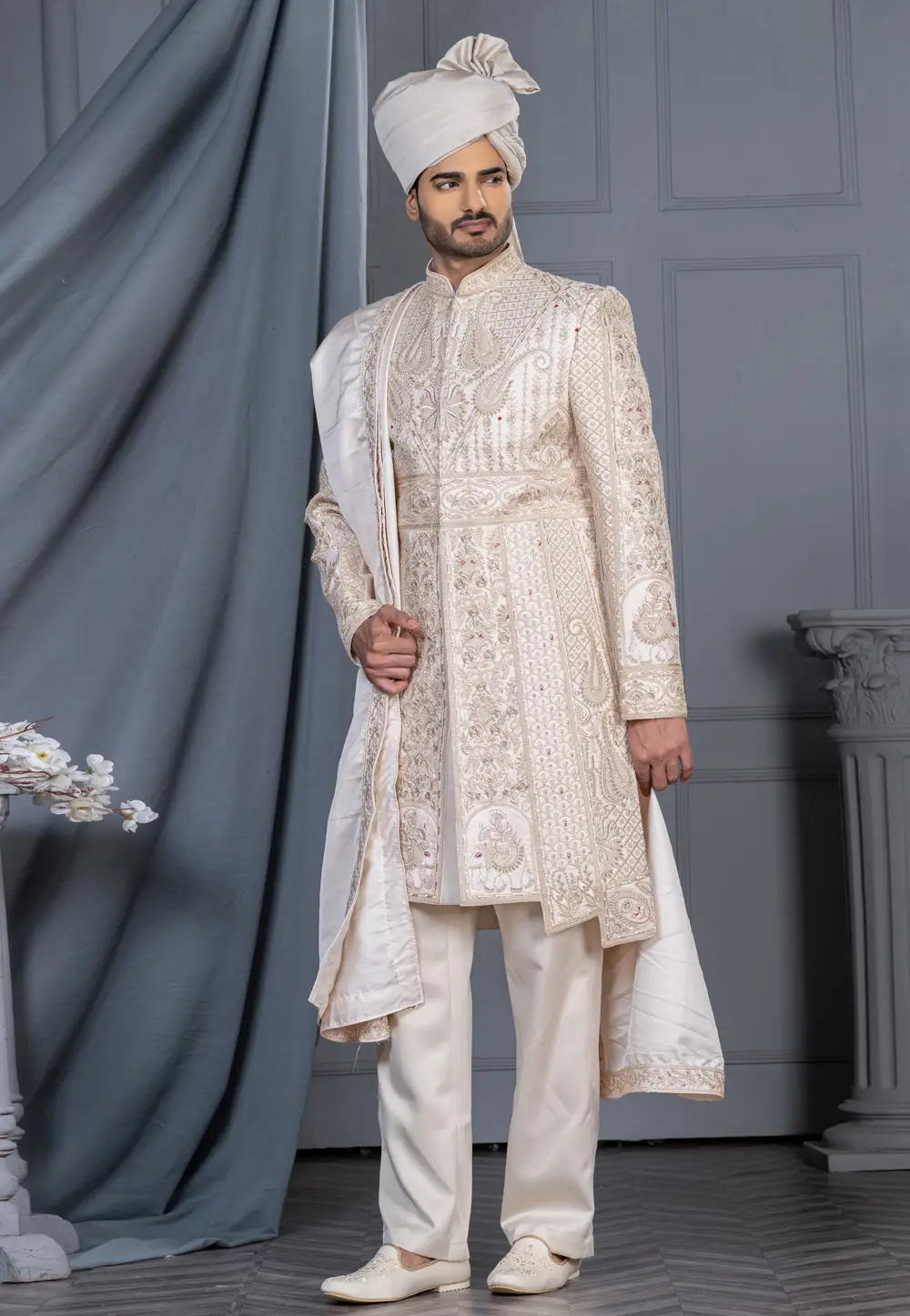 White Silk Sherwani 336558