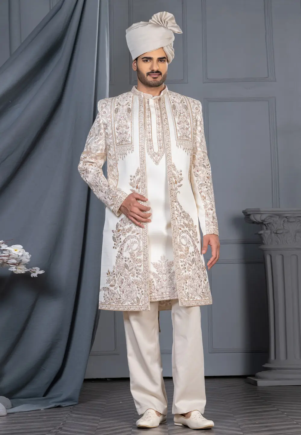 White Silk Sherwani 336562