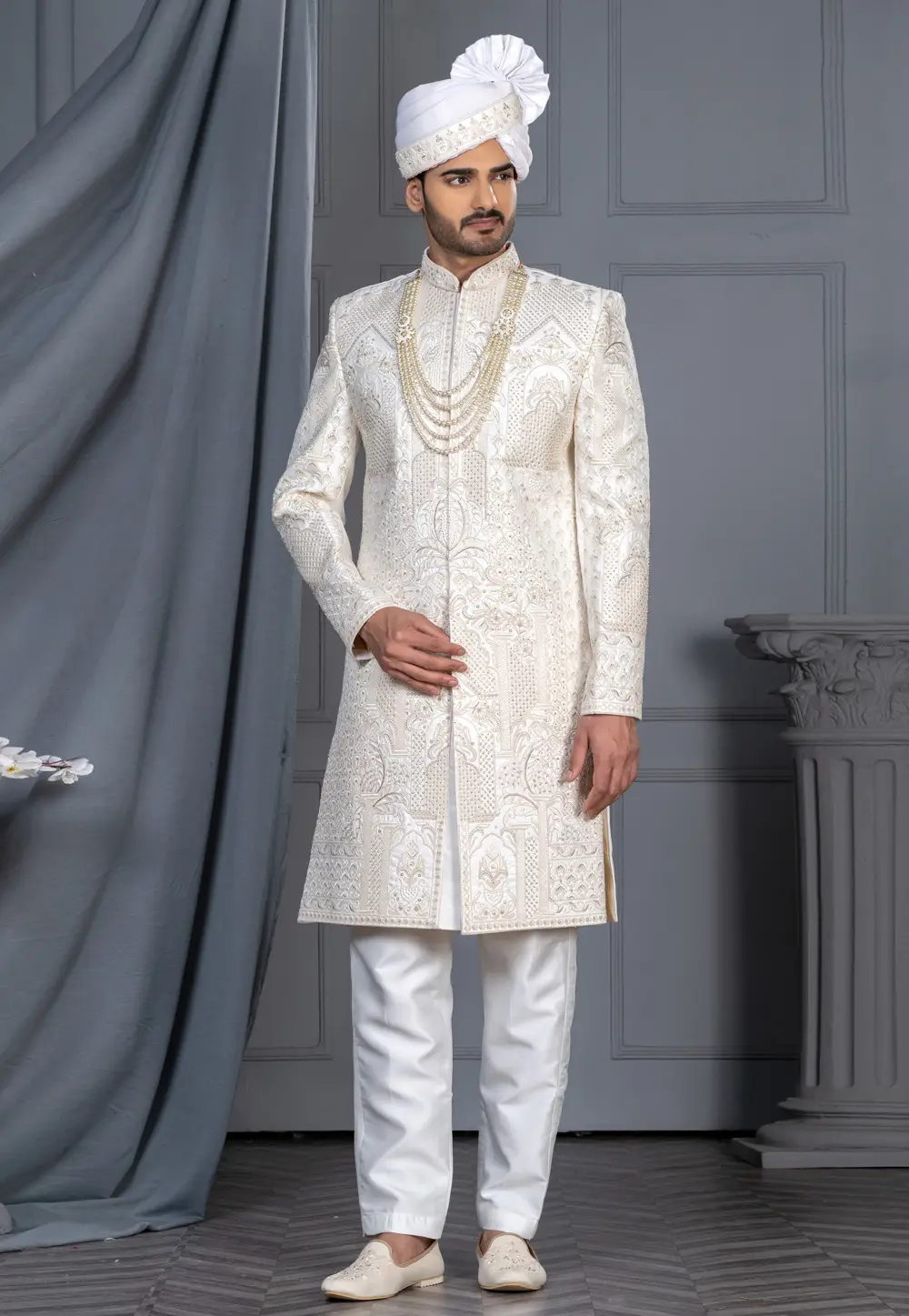 White Silk Sherwani 336568