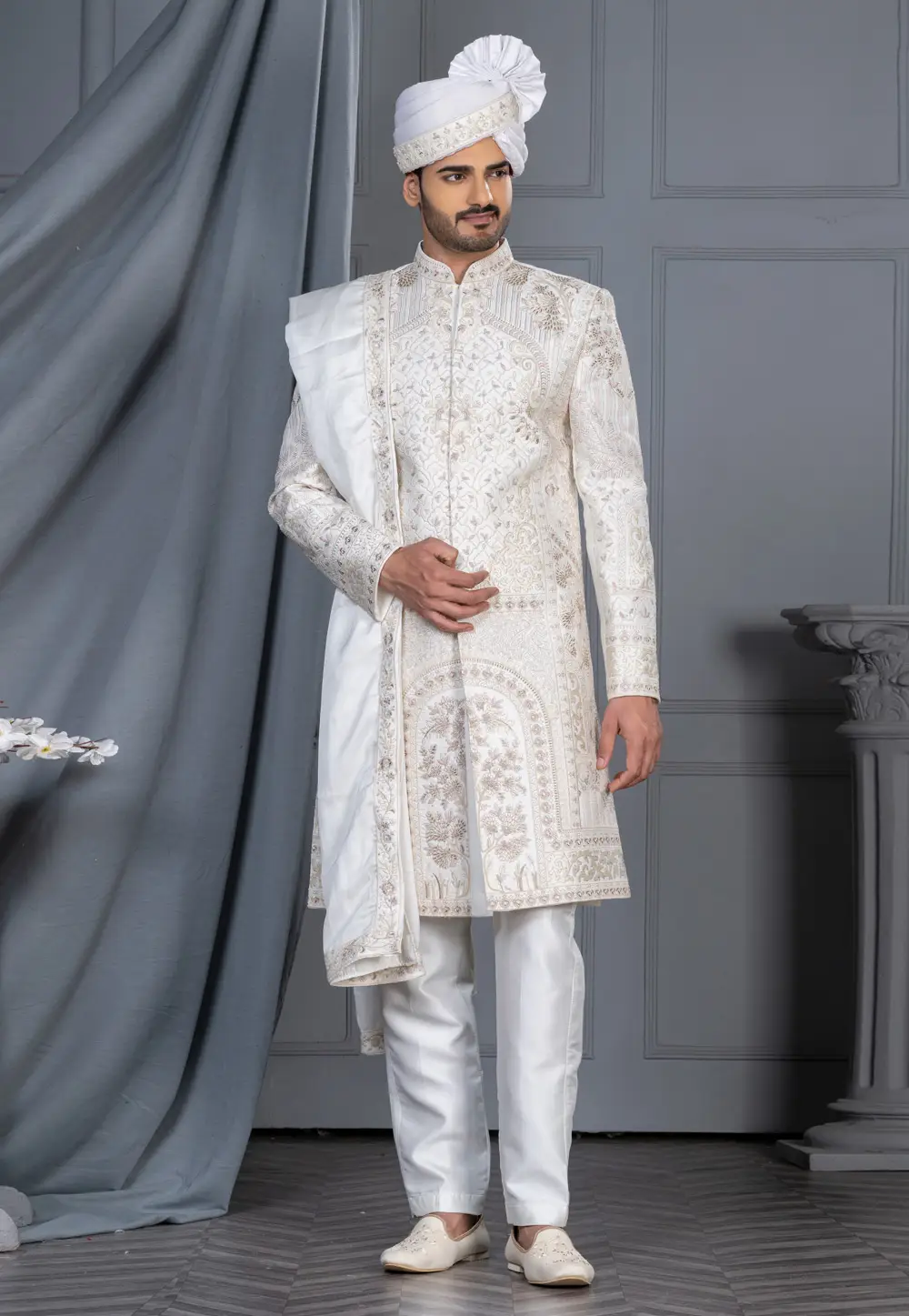 White Silk Sherwani 336569