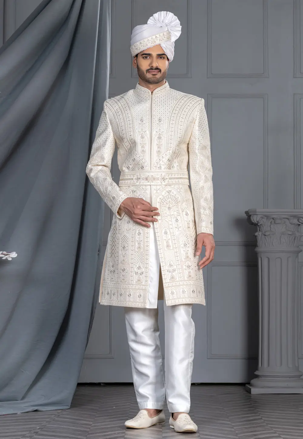 White Silk Sherwani 336573