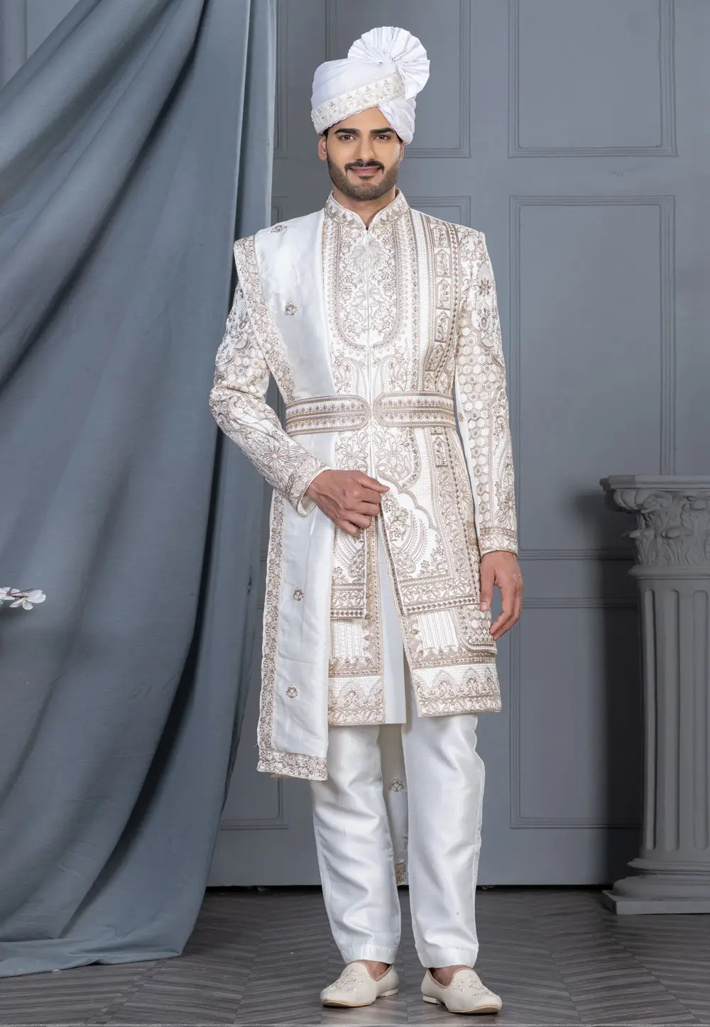White Silk Sherwani 336574