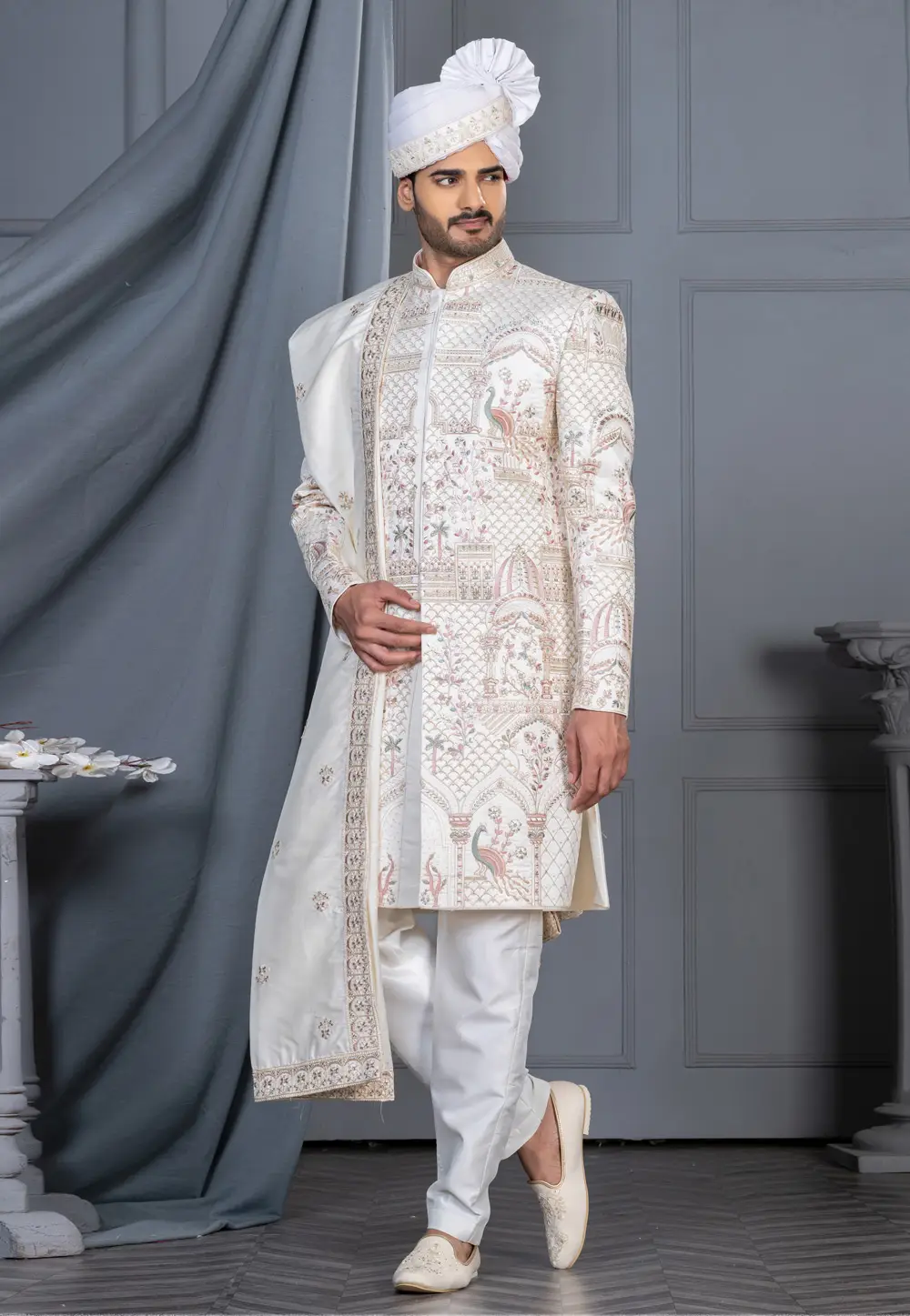 White Silk Sherwani 336575