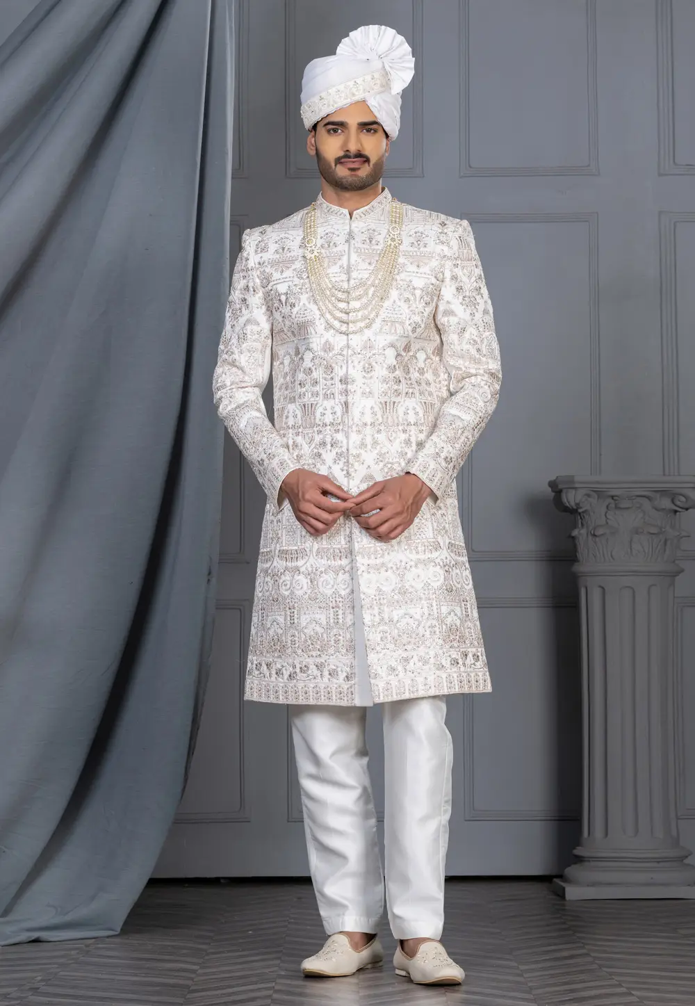 White Silk Sherwani 336576